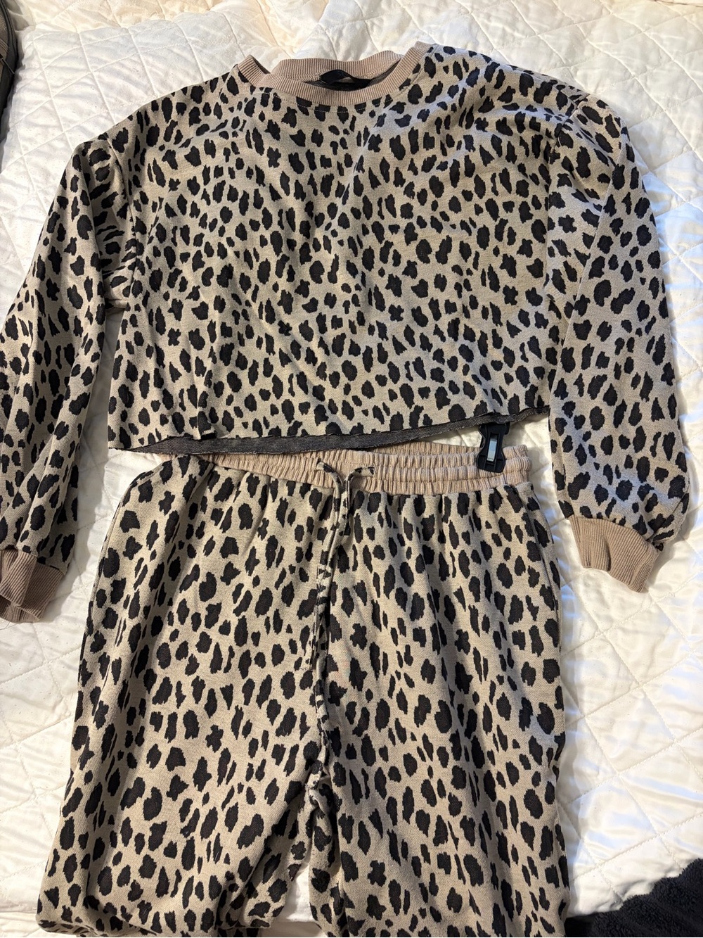 Leopard Print Cropped Sweatshirt & Joggers Set - Taupe/Black